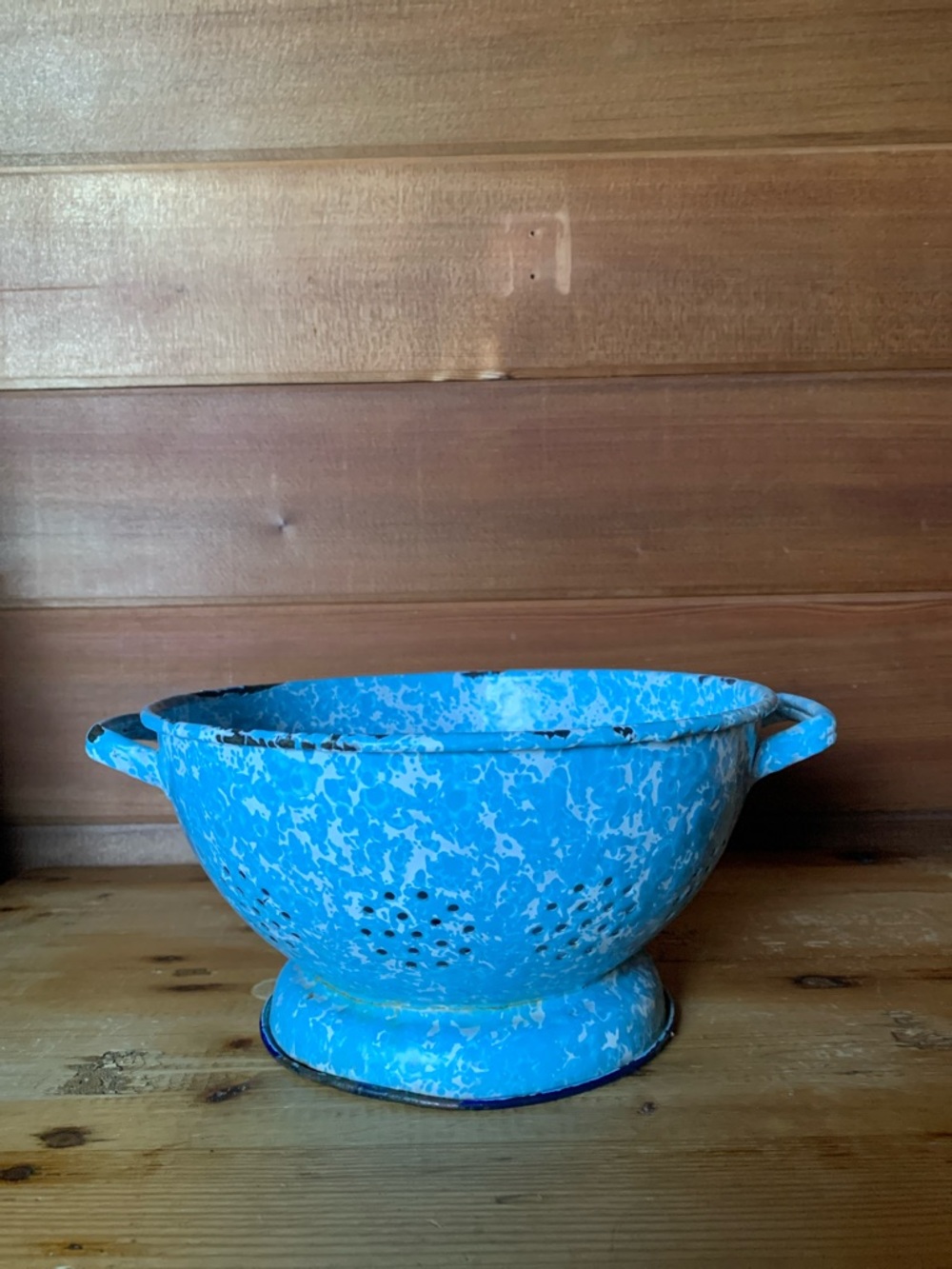 vintage blue and white enamelware colander strainer